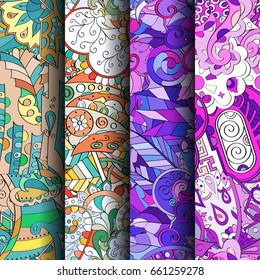 Set of tracery colorful seamless patterns. Vertical stripes. Curved doodling backgrounds for textile or printing with mehndi and ethnic motives. Vector