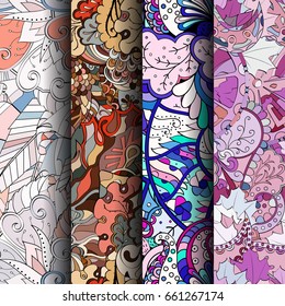 Set of tracery colorful seamless patterns. Vertical stripes. Curved doodling backgrounds for textile or printing with mehndi and ethnic motives. Vector