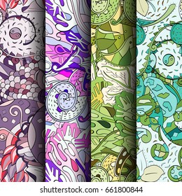 Set of tracery colorful seamless patterns. Vertical stripes. Curved doodling backgrounds for textile or printing with mehndi and ethnic motives. Vector