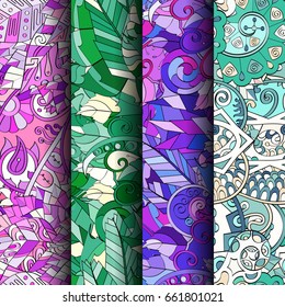 Set of tracery colorful seamless patterns. Vertical stripes. Curved doodling backgrounds for textile or printing with mehndi and ethnic motives. Vector
