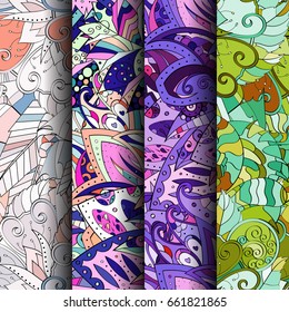 Set of tracery colorful seamless patterns. Vertical stripes. Curved doodling backgrounds for textile or printing with mehndi and ethnic motives. Vector