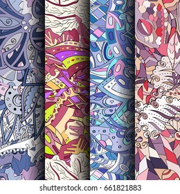 Set of tracery colorful seamless patterns. Vertical stripes. Curved doodling backgrounds for textile or printing with mehndi and ethnic motives. Vector