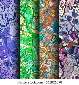 Set of tracery colorful seamless patterns. Vertical stripes. Curved doodling backgrounds for textile or printing with mehndi and ethnic motives. Vector