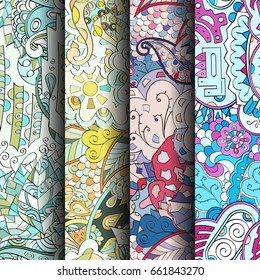 Set of tracery colorful seamless patterns. Vertical stripes. Curved doodling backgrounds for textile or printing with mehndi and ethnic motives. Vector