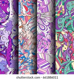 Set of tracery colorful seamless patterns. Vertical stripes. Curved doodling backgrounds for textile or printing with mehndi and ethnic motives. Vector
