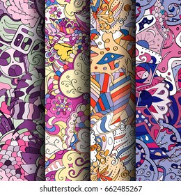 Set of tracery colorful seamless patterns. Vertical stripes. Curved doodling backgrounds for textile or printing with mehndi and ethnic motives. Vector