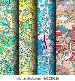 Set of tracery colorful seamless patterns. Vertical stripes. Curved doodling backgrounds for textile or printing with mehndi and ethnic motives. Vector