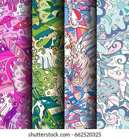 Set of tracery colorful seamless patterns. Vertical stripes. Curved doodling backgrounds for textile or printing with mehndi and ethnic motives. Vector