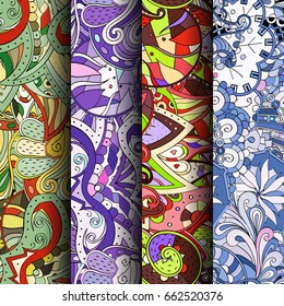 Set of tracery colorful seamless patterns. Vertical stripes. Curved doodling backgrounds for textile or printing with mehndi and ethnic motives. Vector