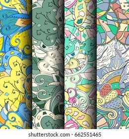 Set of tracery colorful seamless patterns. Vertical stripes. Curved doodling backgrounds for textile or printing with mehndi and ethnic motives. Vector
