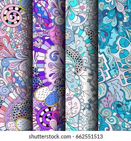 Set of tracery colorful seamless patterns. Vertical stripes. Curved doodling backgrounds for textile or printing with mehndi and ethnic motives. Vector