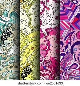 Set of tracery colorful seamless patterns. Vertical stripes. Curved doodling backgrounds for textile or printing with mehndi and ethnic motives. Vector