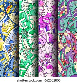 Set of tracery colorful seamless patterns. Vertical stripes. Curved doodling backgrounds for textile or printing with mehndi and ethnic motives. Vector