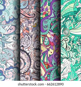 Set of tracery colorful seamless patterns. Vertical stripes. Curved doodling backgrounds for textile or printing with mehndi and ethnic motives. Vector