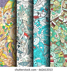 Set of tracery colorful seamless patterns. Vertical stripes. Curved doodling backgrounds for textile or printing with mehndi and ethnic motives. Vector