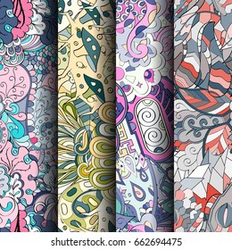 Set of tracery colorful seamless patterns. Vertical stripes. Curved doodling backgrounds for textile or printing with mehndi and ethnic motives. Vector