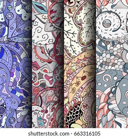 Set of tracery colorful seamless patterns. Vertical stripes. Curved doodling backgrounds for textile or printing with mehndi and ethnic motives. Vector