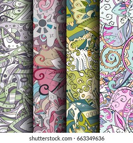 Set of tracery colorful seamless patterns. Vertical stripes. Curved doodling backgrounds for textile or printing with mehndi and ethnic motives. Vector