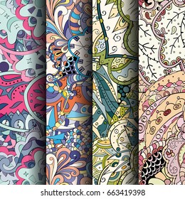 Set of tracery colorful seamless patterns. Vertical stripes. Curved doodling backgrounds for textile or printing with mehndi and ethnic motives. Vector