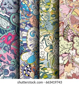 Set of tracery colorful seamless patterns. Vertical stripes. Curved doodling backgrounds for textile or printing with mehndi and ethnic motives. Vector