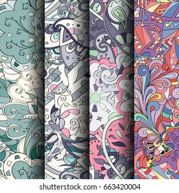 Set of tracery colorful seamless patterns. Vertical stripes. Curved doodling backgrounds for textile or printing with mehndi and ethnic motives. Vector