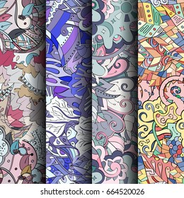 Set of tracery colorful seamless patterns. Vertical stripes. Curved doodling backgrounds for textile or printing with mehndi and ethnic motives. Vector