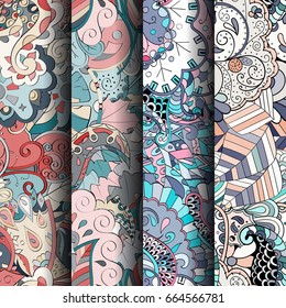 Set of tracery colorful seamless patterns. Vertical stripes. Curved doodling backgrounds for textile or printing with mehndi and ethnic motives. Vector
