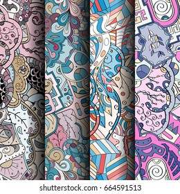 Set of tracery colorful seamless patterns. Vertical stripes. Curved doodling backgrounds for textile or printing with mehndi and ethnic motives. Vector