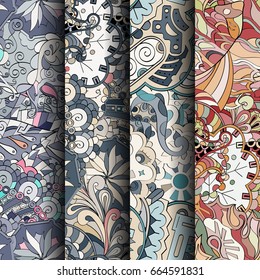Set of tracery colorful seamless patterns. Vertical stripes. Curved doodling backgrounds for textile or printing with mehndi and ethnic motives. Vector