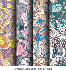 Set of tracery colorful seamless patterns. Vertical stripes. Curved doodling backgrounds for textile or printing with mehndi and ethnic motives. Vector