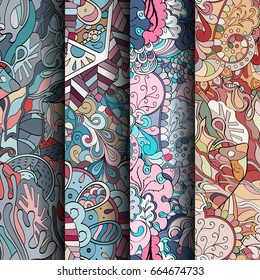 Set of tracery colorful seamless patterns. Vertical stripes. Curved doodling backgrounds for textile or printing with mehndi and ethnic motives. Vector