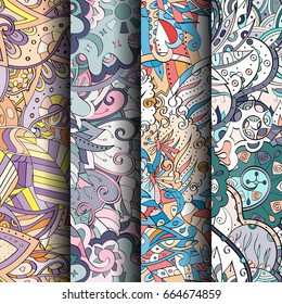 Set of tracery colorful seamless patterns. Vertical stripes. Curved doodling backgrounds for textile or printing with mehndi and ethnic motives. Vector