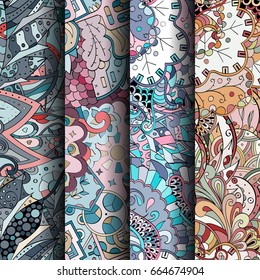 Set of tracery colorful seamless patterns. Vertical stripes. Curved doodling backgrounds for textile or printing with mehndi and ethnic motives. Vector