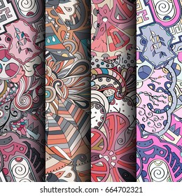 Set of tracery colorful seamless patterns. Vertical stripes. Curved doodling backgrounds for textile or printing with mehndi and ethnic motives. Vector
