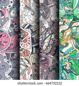 Set of tracery colorful seamless patterns. Vertical stripes. Curved doodling backgrounds for textile or printing with mehndi and ethnic motives. Vector