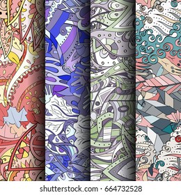 Set of tracery colorful seamless patterns. Vertical stripes. Curved doodling backgrounds for textile or printing with mehndi and ethnic motives. Vector
