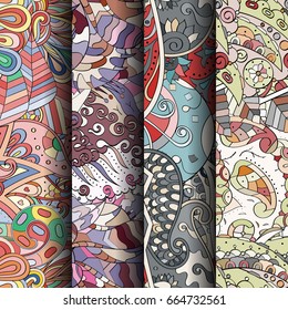 Set of tracery colorful seamless patterns. Vertical stripes. Curved doodling backgrounds for textile or printing with mehndi and ethnic motives. Vector