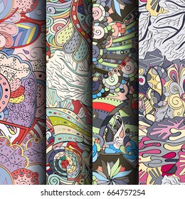 Set of tracery colorful seamless patterns. Vertical stripes. Curved doodling backgrounds for textile or printing with mehndi and ethnic motives. Vector