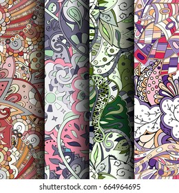 Set of tracery colorful seamless patterns. Vertical stripes. Curved doodling backgrounds for textile or printing with mehndi and ethnic motives. Vector