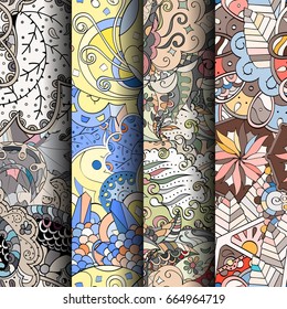 Set of tracery colorful seamless patterns. Vertical stripes. Curved doodling backgrounds for textile or printing with mehndi and ethnic motives. Vector
