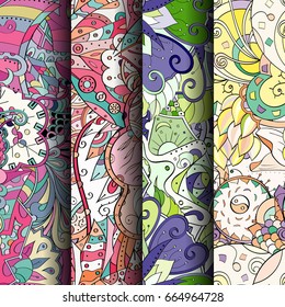 Set of tracery colorful seamless patterns. Vertical stripes. Curved doodling backgrounds for textile or printing with mehndi and ethnic motives. Vector