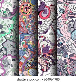 Set of tracery colorful seamless patterns. Vertical stripes. Curved doodling backgrounds for textile or printing with mehndi and ethnic motives. Vector