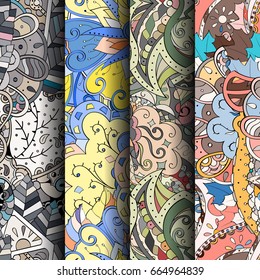 Set of tracery colorful seamless patterns. Vertical stripes. Curved doodling backgrounds for textile or printing with mehndi and ethnic motives. Vector