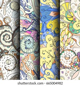 Set of tracery colorful seamless patterns. Vertical stripes. Curved doodling backgrounds for textile or printing with mehndi and ethnic motives. Vector