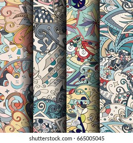 Set of tracery colorful seamless patterns. Vertical stripes. Curved doodling backgrounds for textile or printing with mehndi and ethnic motives. Vector