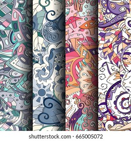 Set of tracery colorful seamless patterns. Vertical stripes. Curved doodling backgrounds for textile or printing with mehndi and ethnic motives. Vector