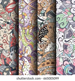 Set of tracery colorful seamless patterns. Vertical stripes. Curved doodling backgrounds for textile or printing with mehndi and ethnic motives. Vector