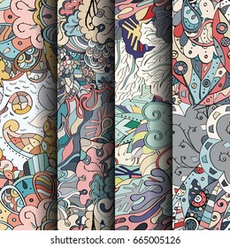 Set of tracery colorful seamless patterns. Vertical stripes. Curved doodling backgrounds for textile or printing with mehndi and ethnic motives. Vector