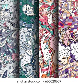 Set of tracery colorful seamless patterns. Vertical stripes. Curved doodling backgrounds for textile or printing with mehndi and ethnic motives. Vector
