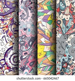 Set of tracery colorful seamless patterns. Vertical stripes. Curved doodling backgrounds for textile or printing with mehndi and ethnic motives. Vector